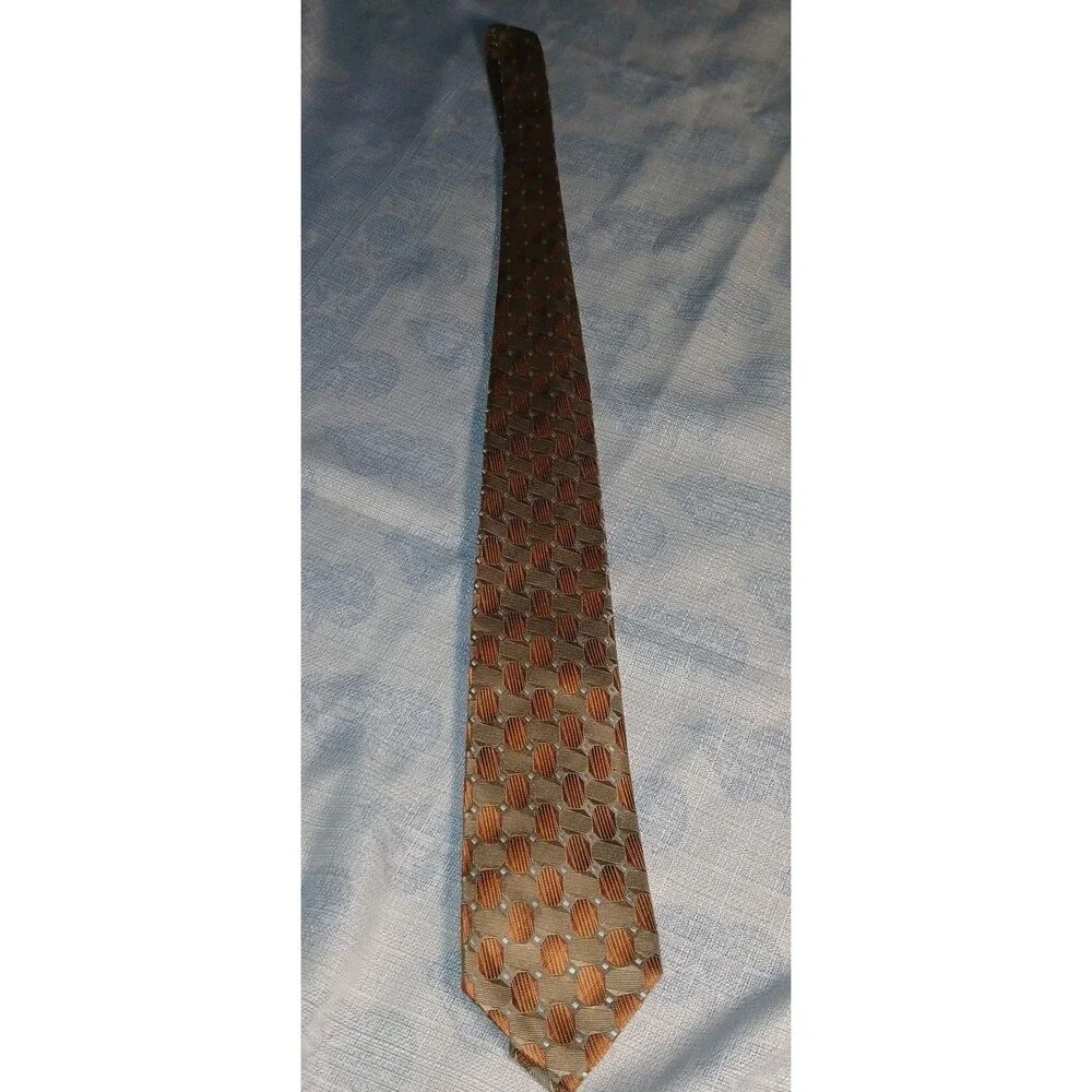 John Ashford 100% Silk Tie Stain Resistant Gold Tan Abstract Art Print Classic